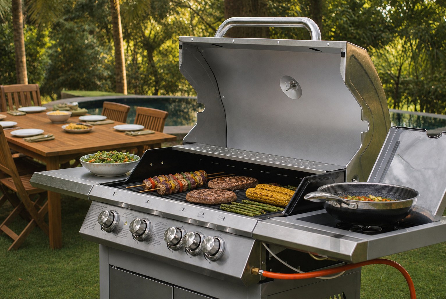 Food cooking on a stainless steel grill beside an outdoor table set for dinner