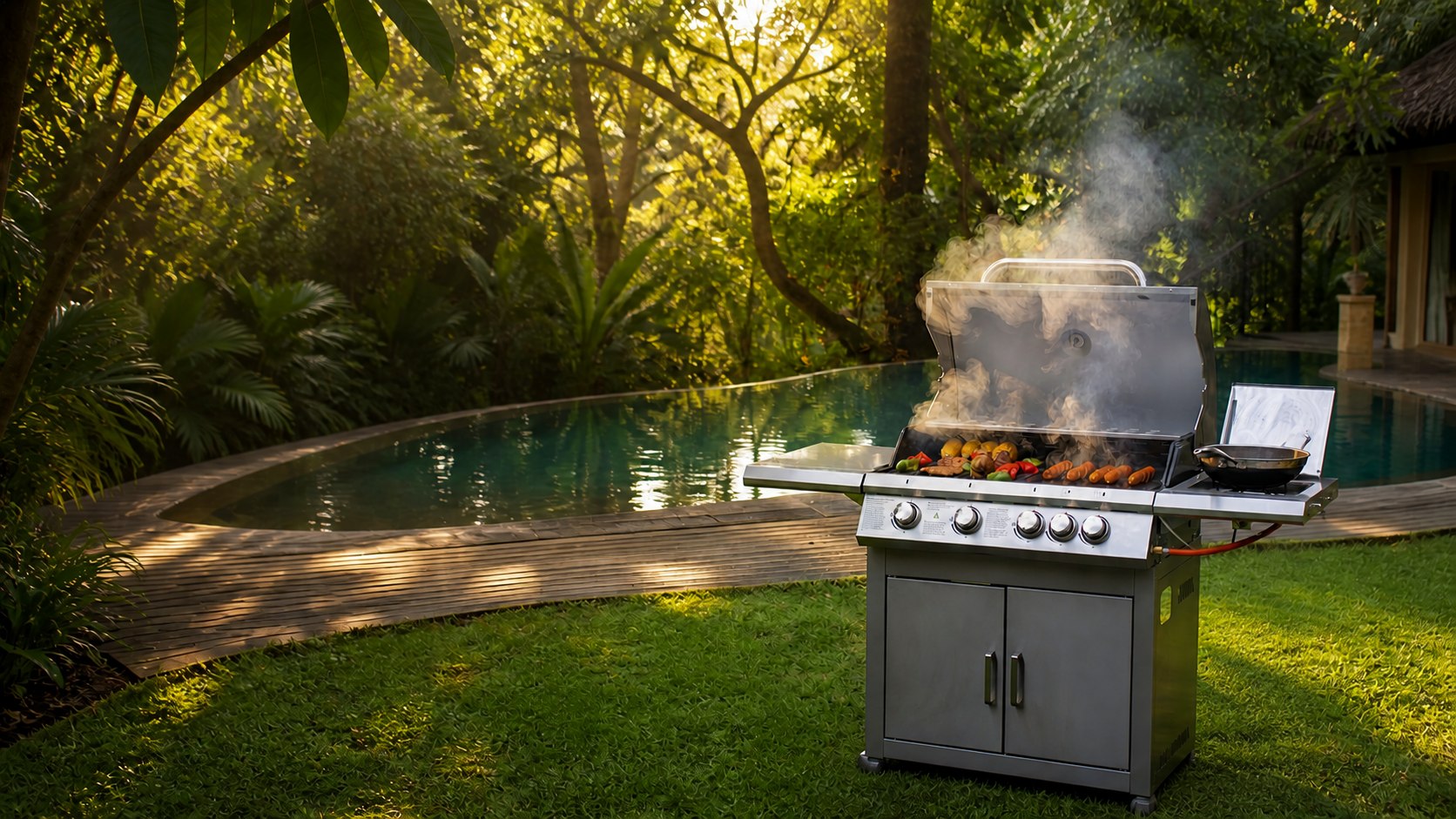 Food cooking on a stainless steel gas grill beside a tropical villa pool