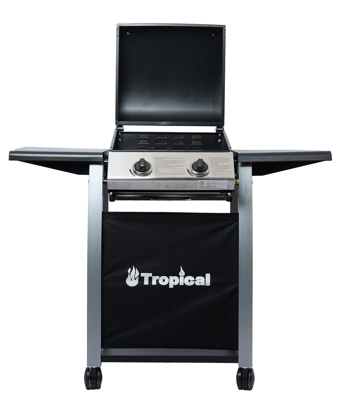2 Burner Compact grill, straight-on with the hood open