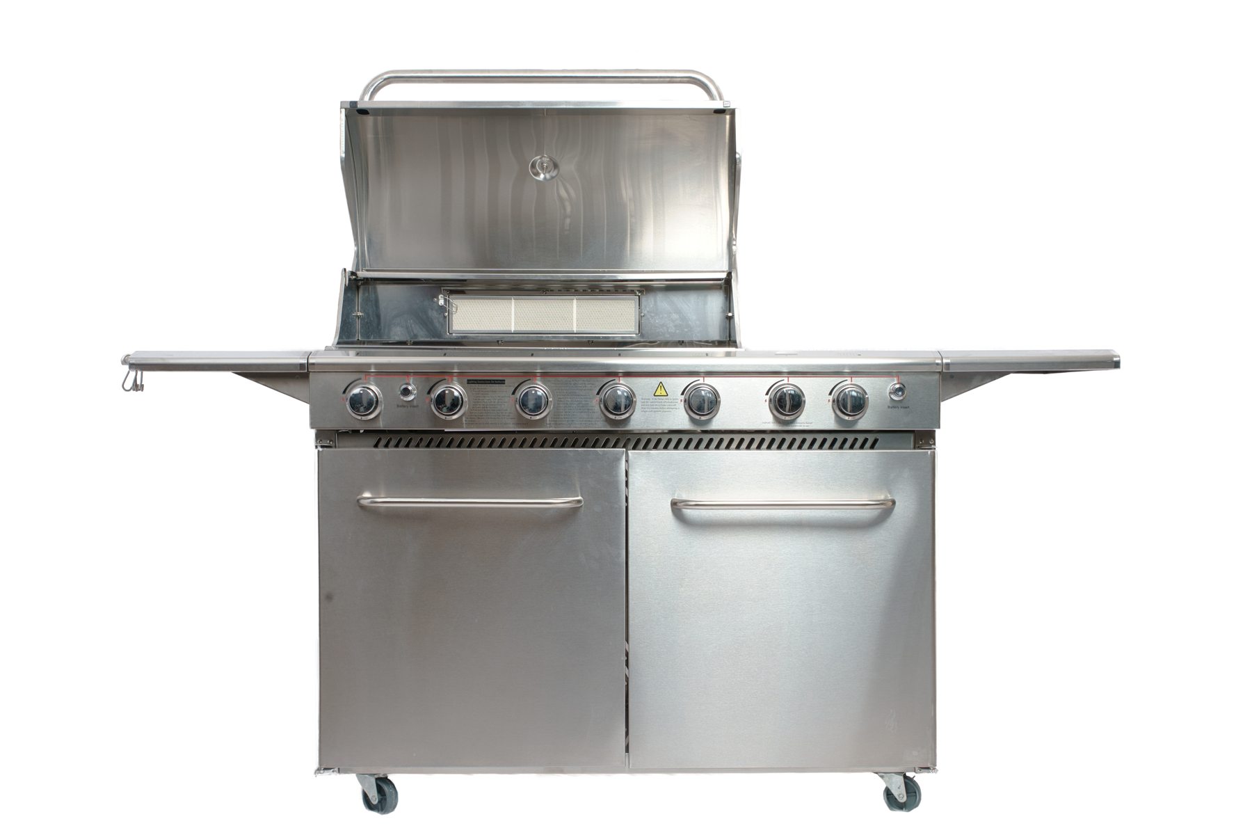 Open full stainless steel Tropical BBQ with stainless hood, fascia, shelves and cabinet